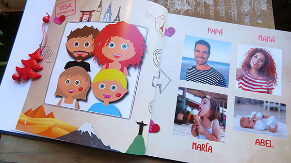 Libro personalizado con avatares ilustrados y fotos reales de la familia
